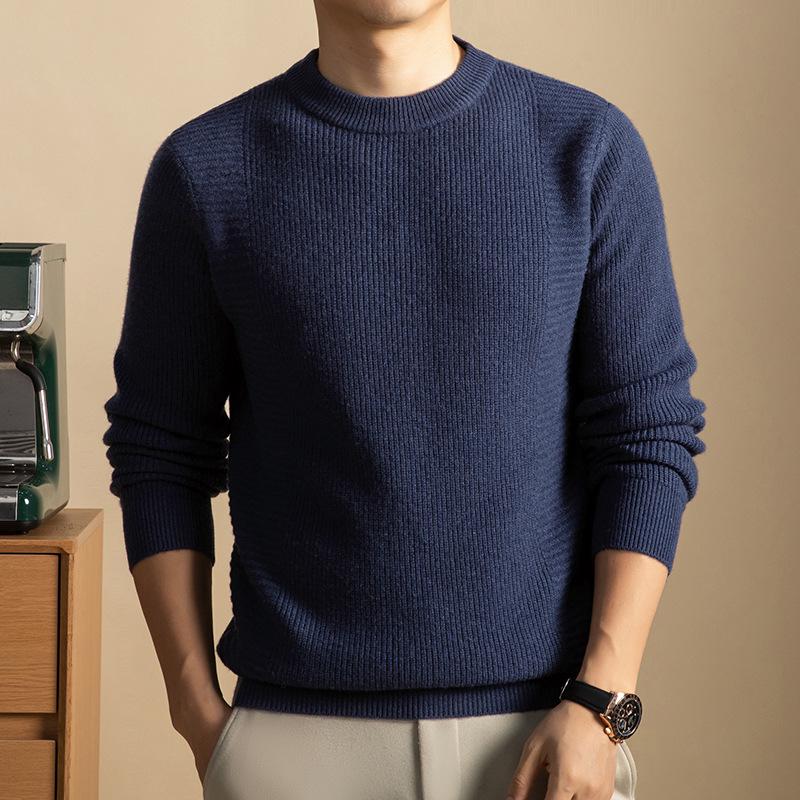 Herrenpullover aus 100 % reiner Wolle, dick gestrickt, Rundhalsausschnitt – warm, weich, bequeme Winter-Basisschicht (2025)