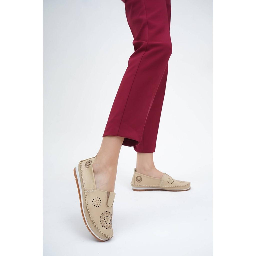 Damenmode Echtleder New Beige Leder Flats Freizeitschuhe