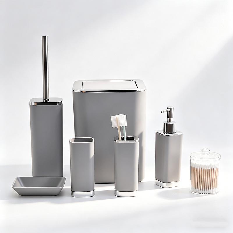 Bathroom Essentials Set: Soap Dispenser, Toothbrush Holder, Cup, Cotton Swab Holder, Soap Dish, Toilet Brush, Trash Can with Lid.