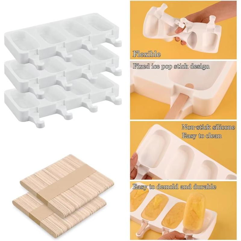 Large Silicone Popsicle Molds Set,4 Cavities Oval Cake Pop&Ice Cream Bar Molds,Homemade Ice Making Kit With Wooden Sticks