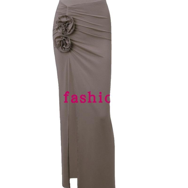 

French Style Temperament High Waist Slit Ruched Flower Decorative Skirt Brown S