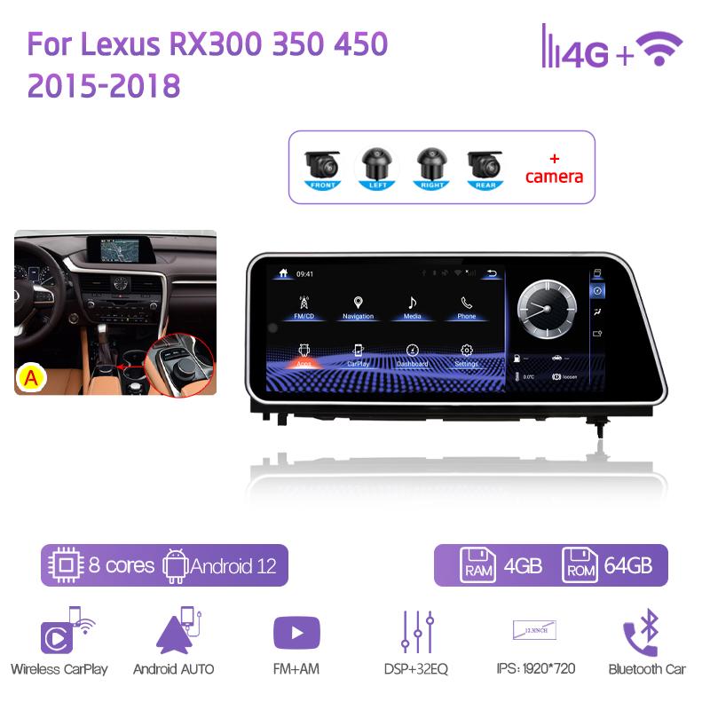 12.3" Car Multimedia Player For Lexus RX300 350 450 2015-2018 GPS Navigation Radio Android12 8+128G 8Core CarPlay 4G 360Camera