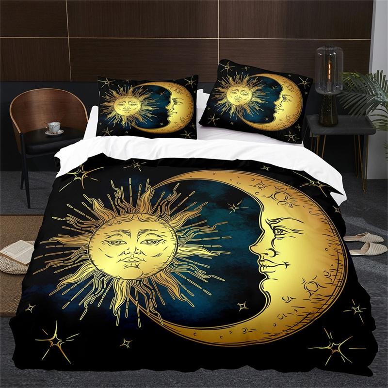 Sun Moon King Queen Duvet Cover Boho Magic Style Bedding Set for Teens Adults Golden Exotic Tribe 2/3pcs Polyester Quilt Cover