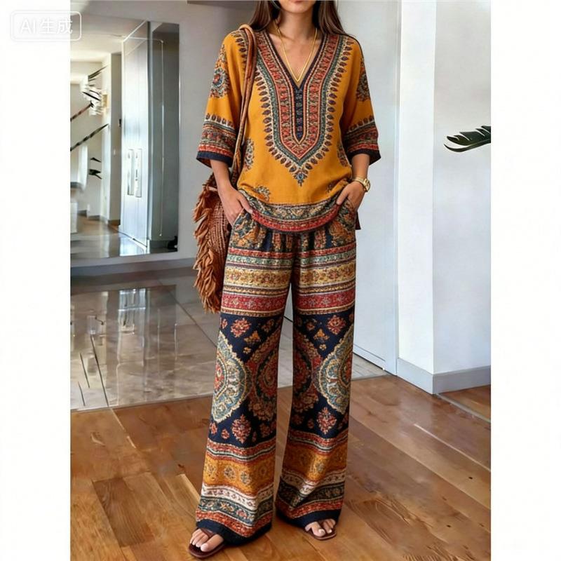 Printed temperament top wide-leg pants two-piece women's clothing European and American fashion suit
