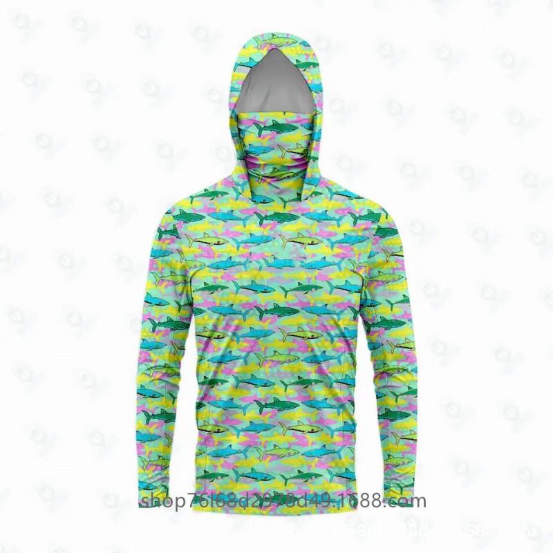 Mens Quick-Dry Ice Silk Long Sleeve UPF 50 Sun Protection Hooded Fishing Shirt With Integrated Face Cover