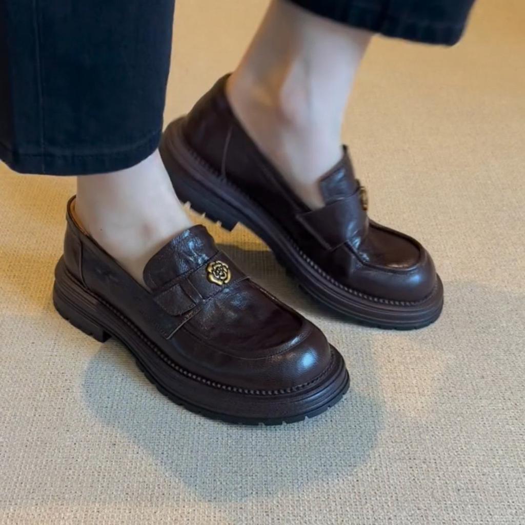 Sheepskin Version~ Genuine Leather Thick-soled Retro One-pedal Women's Camellia Black Small Leather Shoes Single Shoes