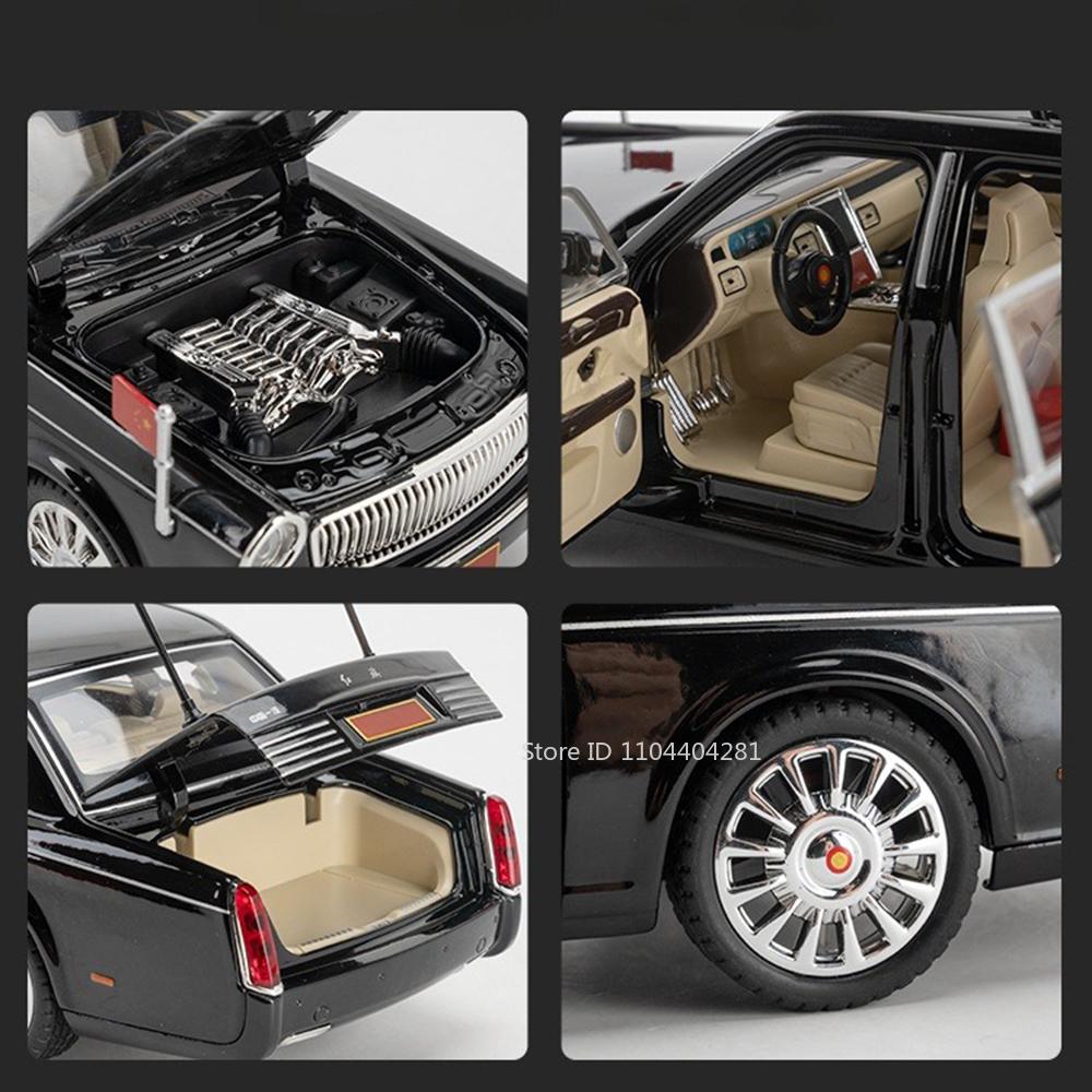 1:24 HONGQI L5 E-HS9 Model Toys Car Diecast 70th Anniversary Parade Cars Sound Light Pull Back Trendy Ornaments for Friend Gifts