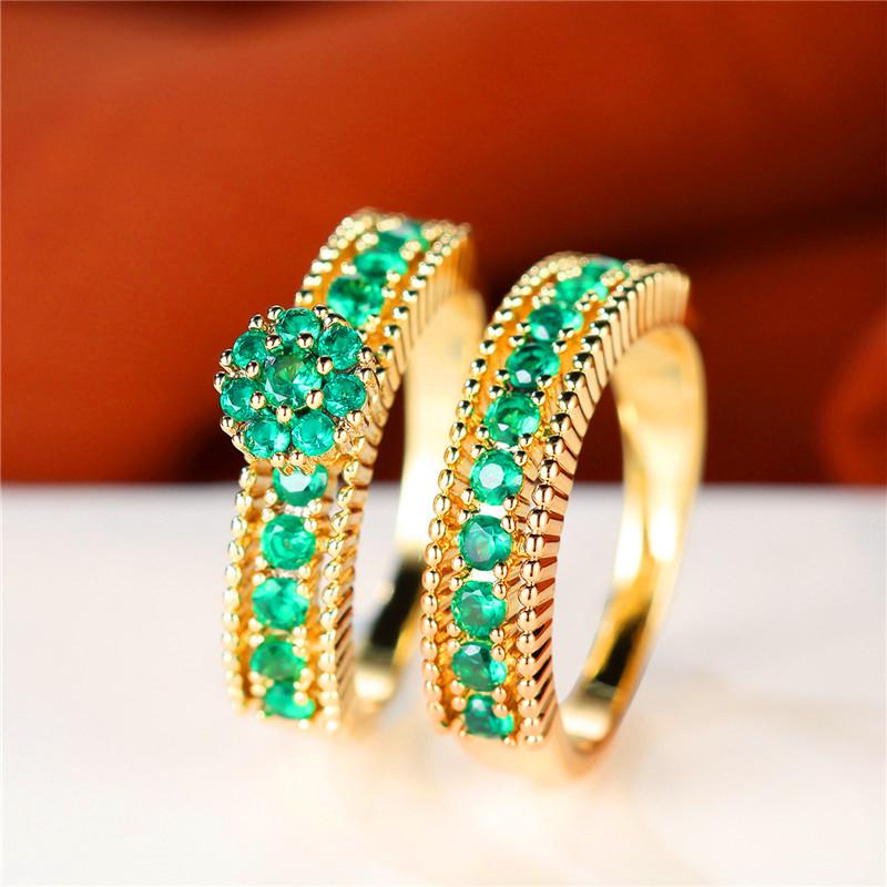 Luxury Female Rose Red Round Ring Set Trendy Yellow Gold Color Engagement Bride Wedding Jewelry Gift For Women