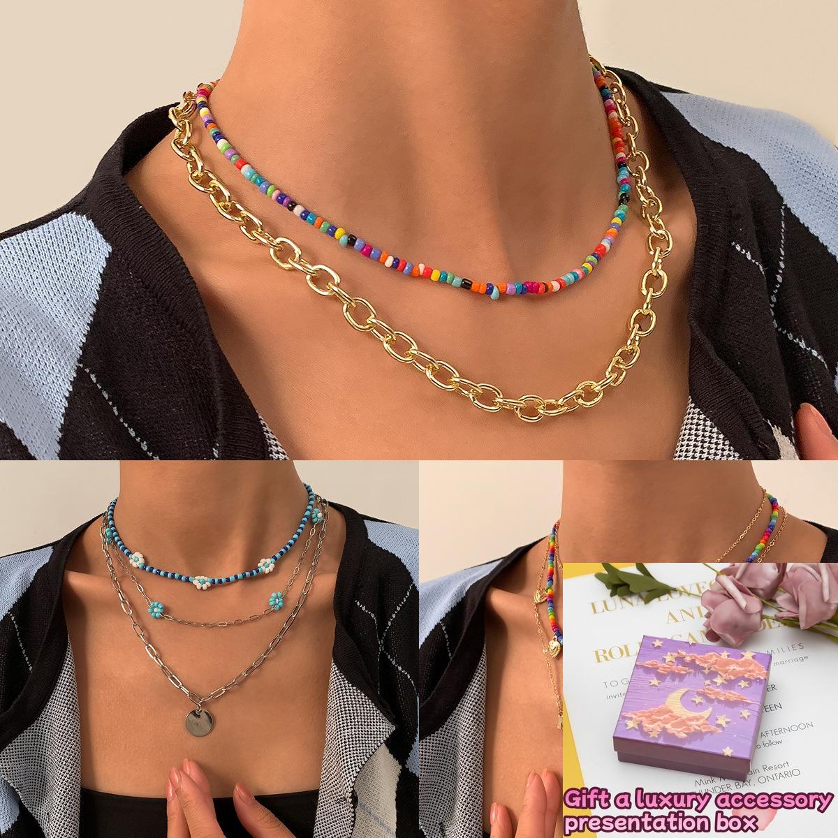 

Retro contrasting rice beaded necklace for women, simple bohemian style tassel hand-woven necklace