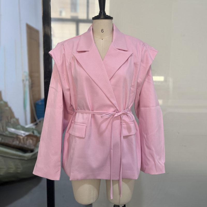 

Модный однотонный блейзер оверсайз на шнуровке для женщин, повседневный, однобортный, с лацканами, куртки, женский, с длинным рукавом, с подплечниками, верхняя одежда S розовый