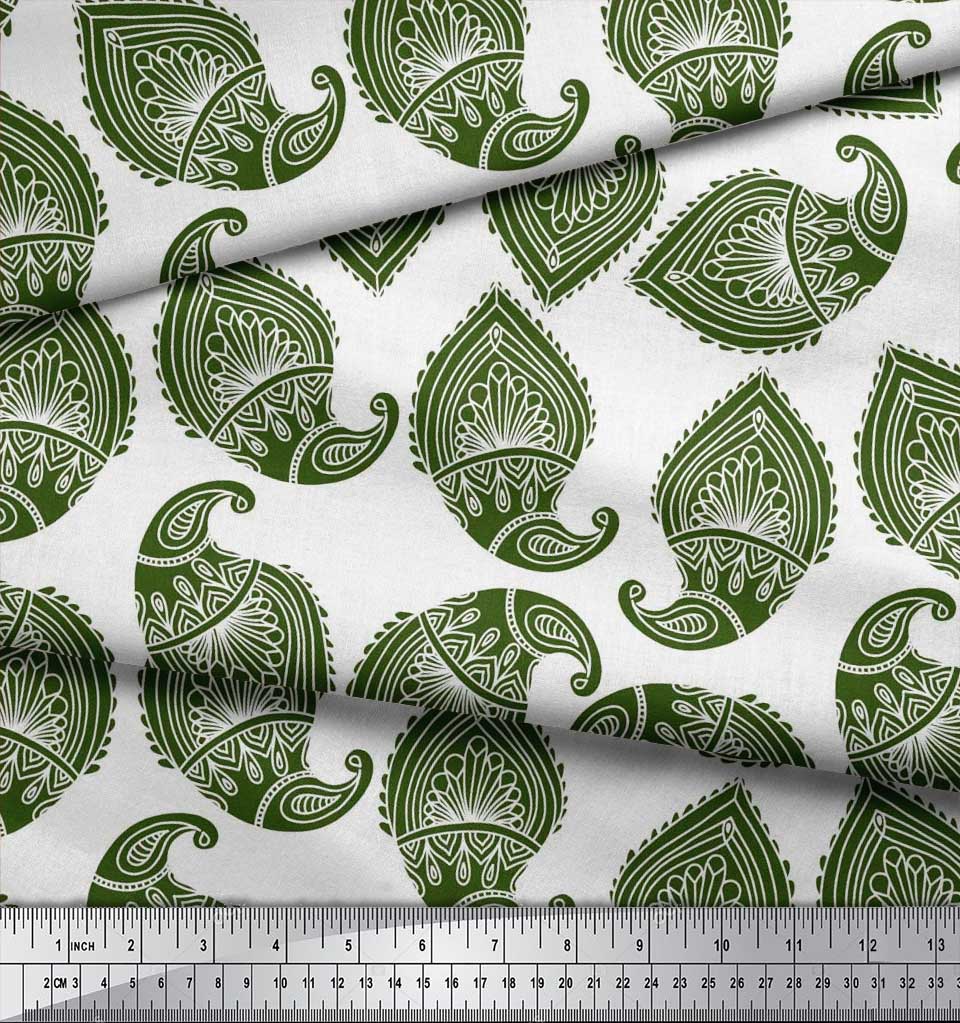 Soimoi Blue Japan Crepe Satin Fabric Green Paisley Printed Craft Fabric by the metre 42 Inch
