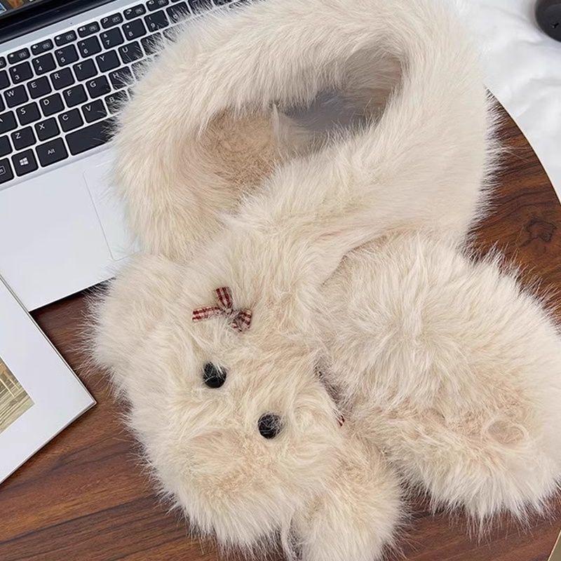 Women's Super Cute Bowknot Puppy Autumn Winter Warm Hat Scarf Integrated Face-Flattering Ear Protection Cute Hat