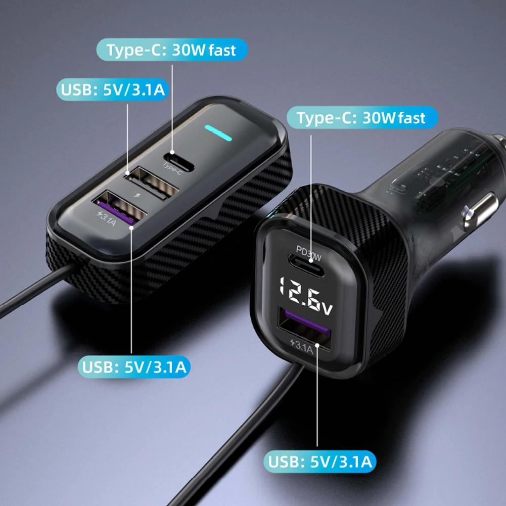 75W Fast Charging 5-port Expansion Car Front and Rear Charging QC PD Ports Type C Three USB Car Chargers Support Fast Charging