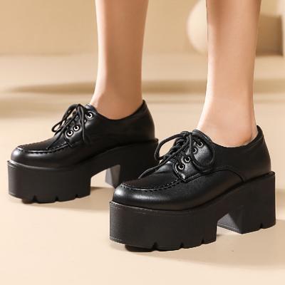 Fashion Punk High Heels Loafer Shoes Platform Elegant Round Toe Women's Pumps Lace Up Black Heeled Shoes Ladies Designer