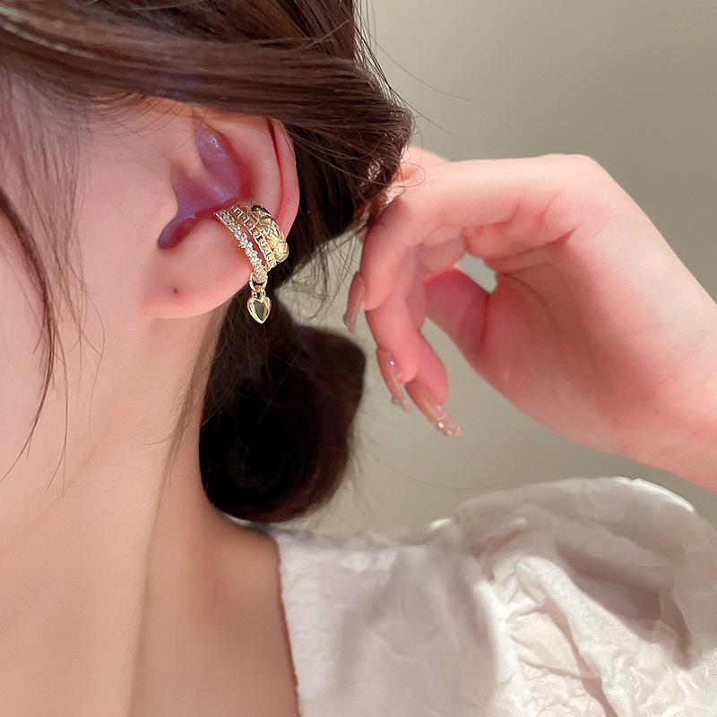Geometric Zircon Inlaid Heart Ear Clips - Three-Layer Metal, Cold Style, High-End Earrings for Women