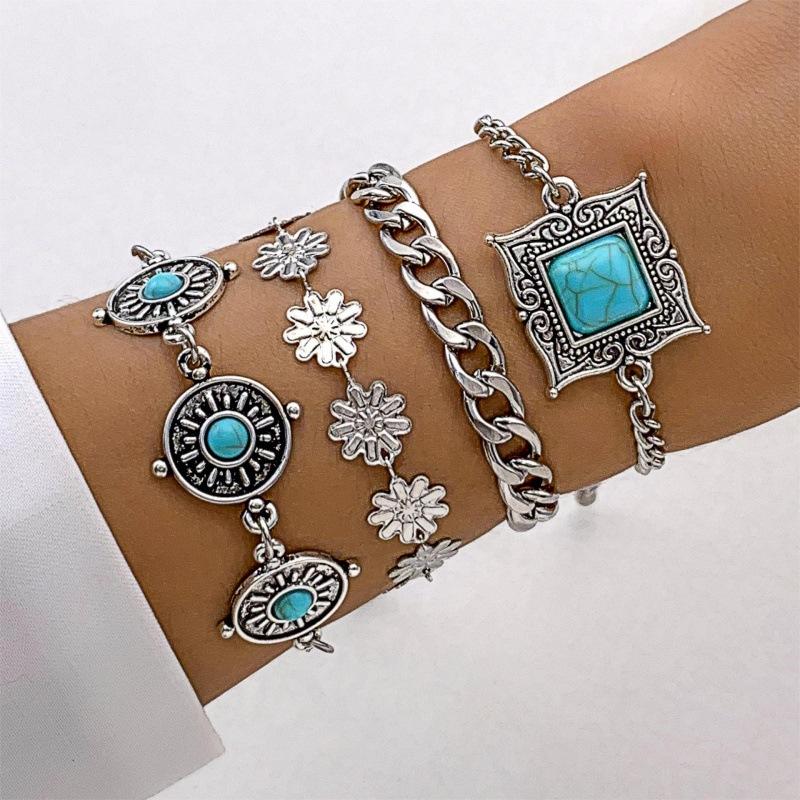 Bohemian Turquoise Leaf Bracelet, Ethnic Bow Flower Turquoise Bracelet Set