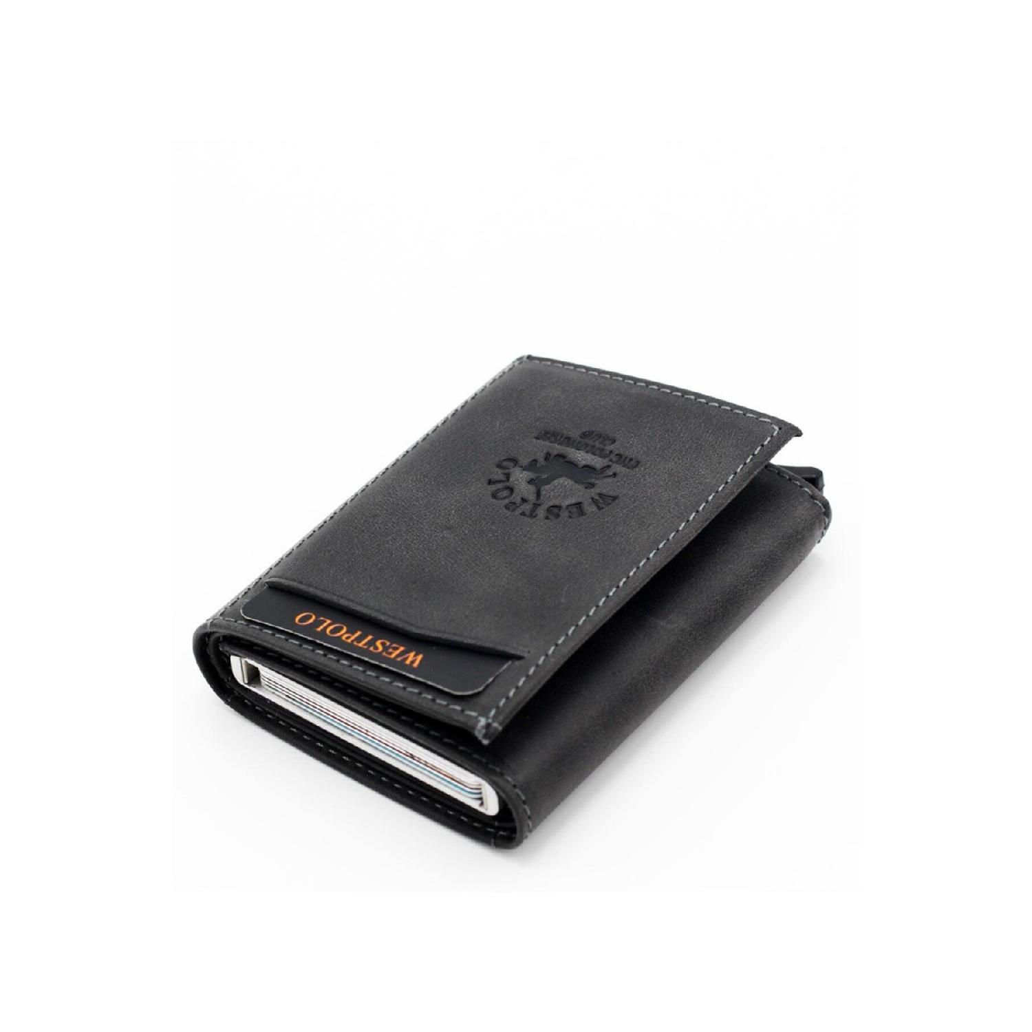 

Мужской серый бумажник с механизмом из натуральной кожи