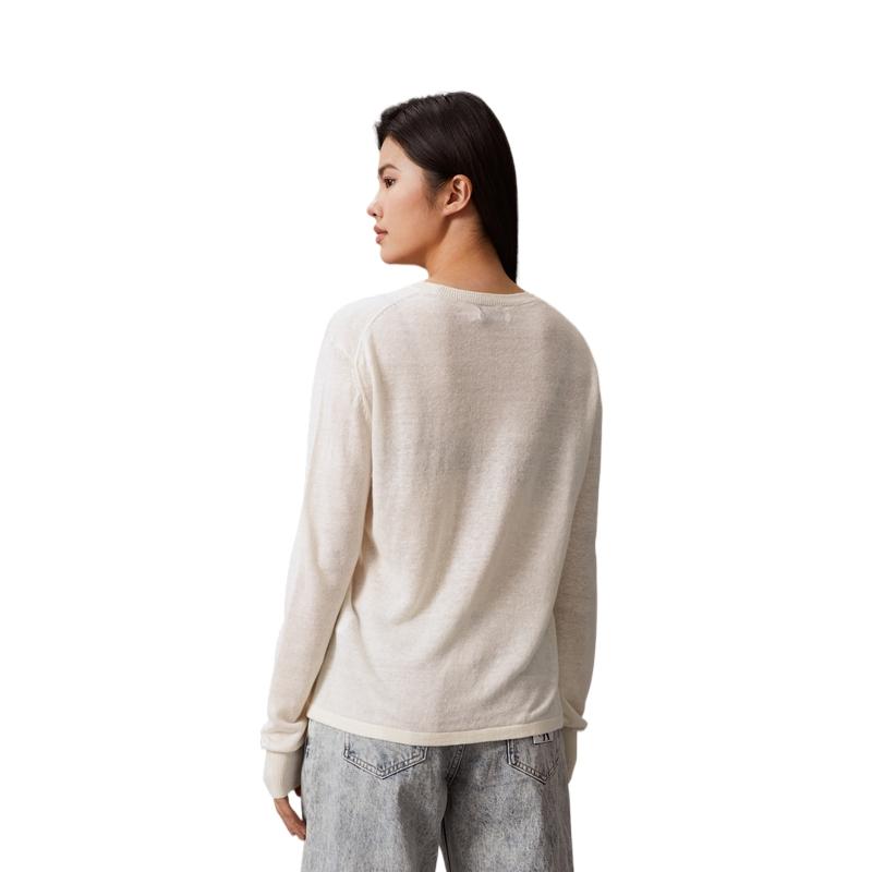 Calvin Klein Simple White Summer Collection Casual Solid Color Crew Neck Pullover Long Sleeve Knit Sweater Women sweater Oatmeal-White 40WK341