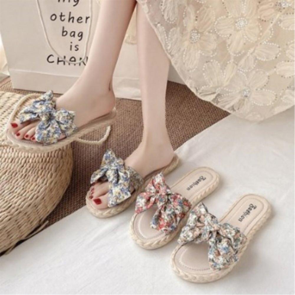 New Arrivals Open Run Women Rattan Ribbon Slippers Open Toe Simple Flower Design