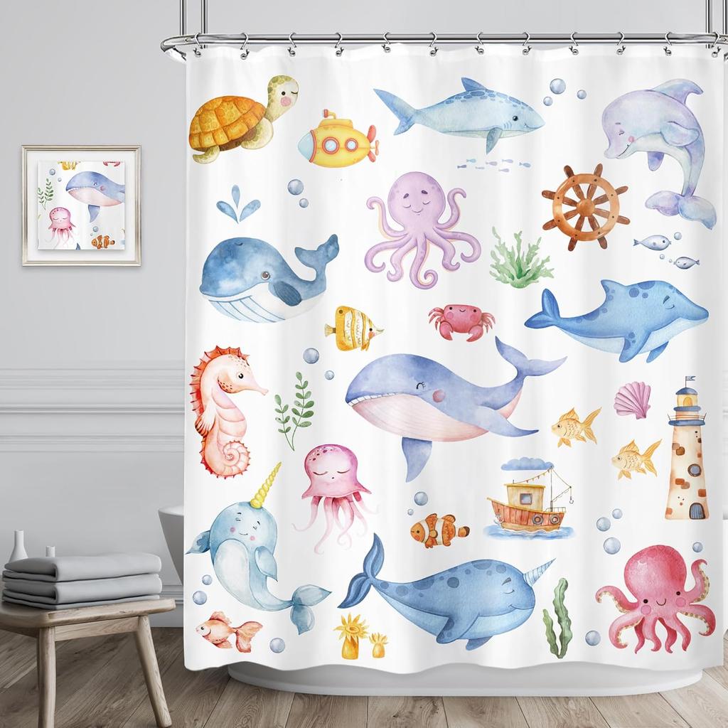 Cartoon Shower Curtain Ocean Animals Blue Whale Tropical Fish Lion Plantes Kids Bathroom Decor Polyester Bath Curtain with Hooks