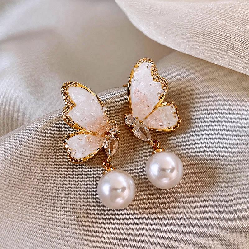 Elegant Pearl & Crystal Butterfly Earrings - 2024 Trendy Versatile Style