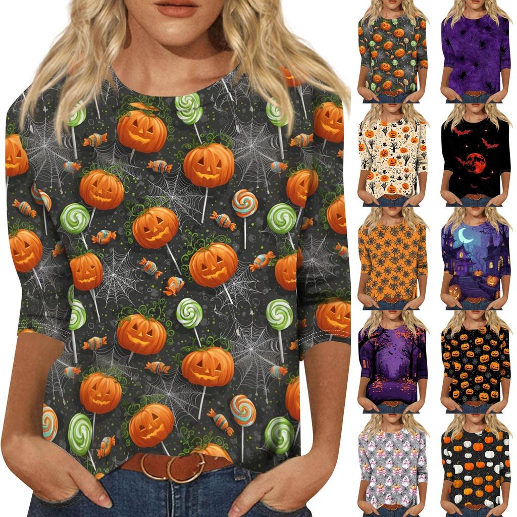 Women Casual Three Quarter Sleeve Halloween Pumpkin Print Crew Neck Top Lightweight Comfortable Fall Shirt for Everyday Wear