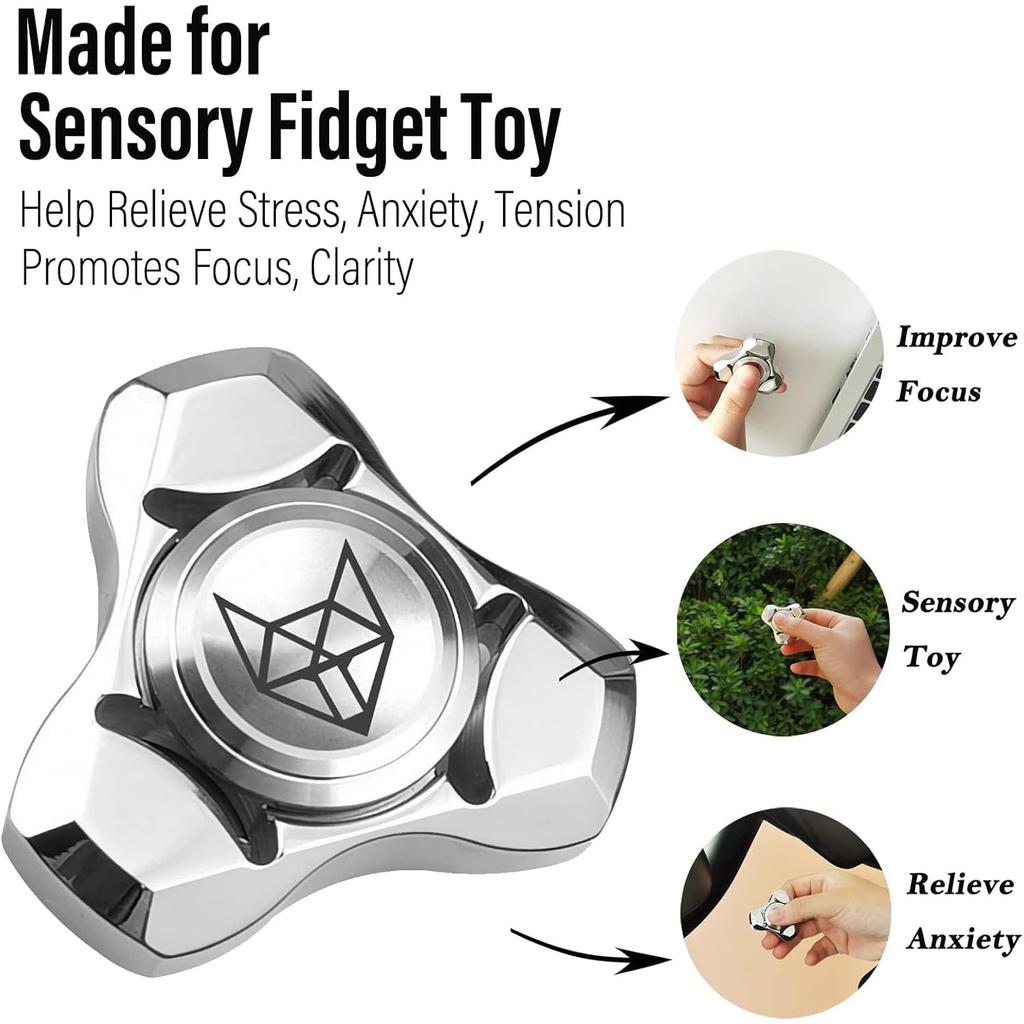Metal Fidget Spinner for Adults, Stainless Steel Heavy Spinning Toys, Small Mini Fox Hand Gyro, Bearing Premium Long High Spin Fidget Block, Silver