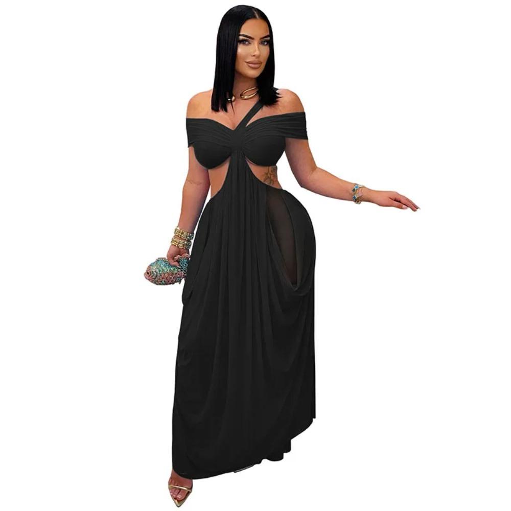 Сексуальное пляжное длинное платье женское с вырезами на спине, без бретелей, А-силуэта, летнее модное шикарное однотонное платье с высокой талией S чёрный