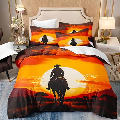 Western Cowboy 3Pcs Duvet Cover Set, Polyester Breathable Bedding With Zipper Closure, Machine Washable, Digital Print