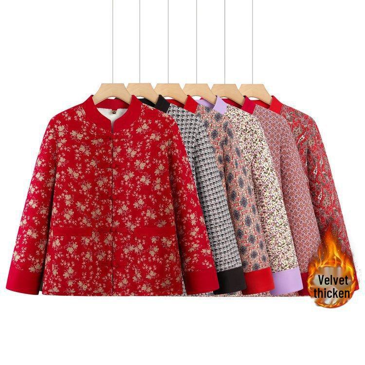 Chinese Style Velvet Cotton Jacket for Middle-Aged and Elderly Women - Retro Autumn/Winter Warm Outerwear