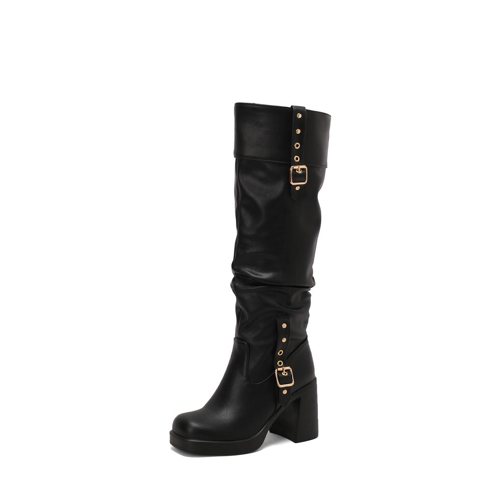 Women's High-heeled Boots Autumn and Winter Thick-heeled Large-size Casual Boots Roman Medium Boots