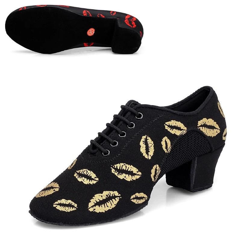 Lip Print Latin Dance Shoes Women Oxford NET Cha Cha Dance Shoes Ballroom Dancing Shoes Mesh Sneakers Canvas Square Shoe Woman