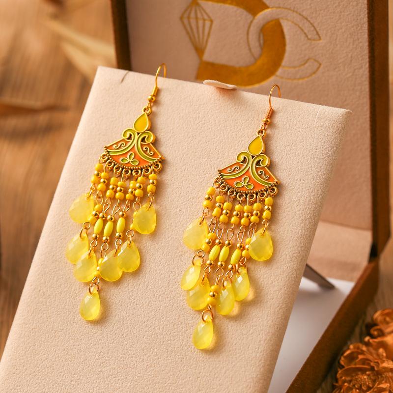 Bohemian Fan Shaped Water Drop Earrings for Women Ethnic Long Temperament Dangle Earring Party Vacation Jewelry