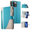 For iPhone 13 Pro Max Case Zipper Pocket Wallet Color Splicing Leather Flip Phone Cover with Straps