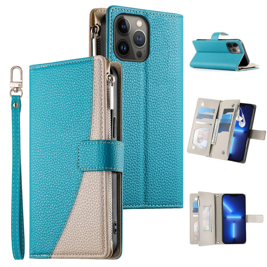 For iPhone 13 Pro Max Case Zipper Pocket Wallet Color Splicing Leather Flip Phone Cover with Straps
