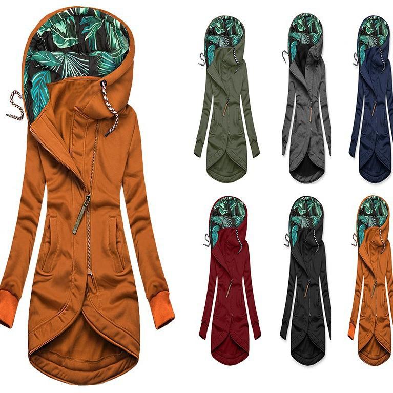 Women's Solid Color Zipper Hoodie Sweatshirt with Print - Long Sleeve Jacket, 2024 Edition