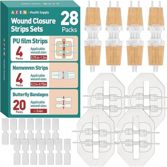 AZEN 28 Pack Wound Closure Strips, 3 Types Butterfly Bandages, Emergency Laceration Closure Kit, Repair Wounds Without Stitches, Quick Clot Zip A-28P