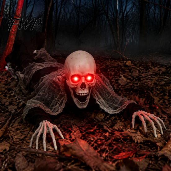 Ornements de Pelouse Effrayants Halloween Brisant le Sol Squelette, Crâne Géant Lumineux Accessoire de Jardin avec Accessoires de Scène d'Horreur Extérieure Bras Articulés, Décoration