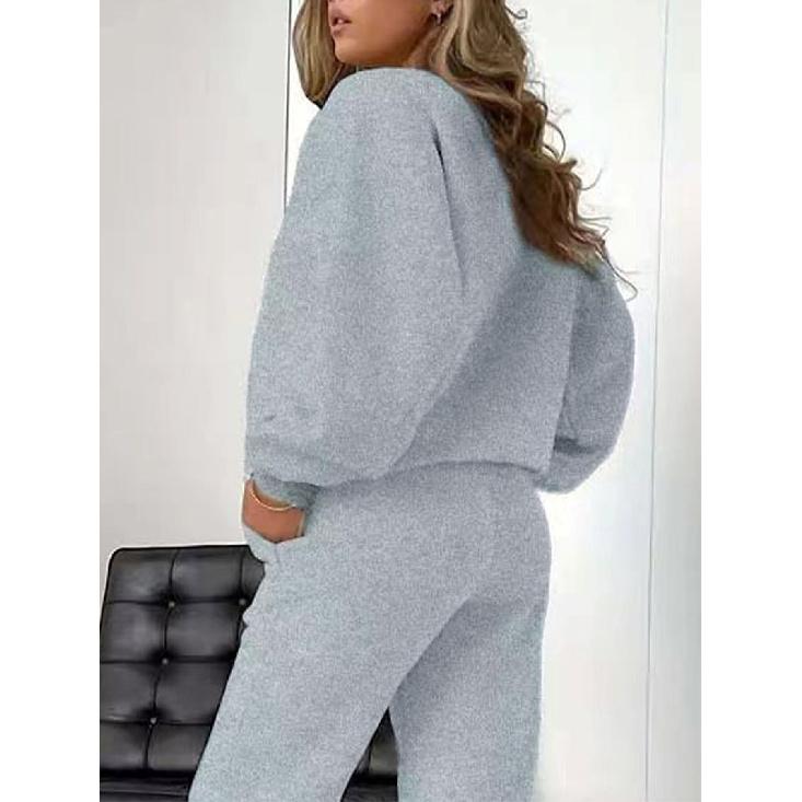 Damen Crewneck Sweatshirt & Hose mit Kordelzug, gerader Schnitt, 2-teiliges Set, bedrucktes lässiges Herbst-/Winter-Loungewear-Set