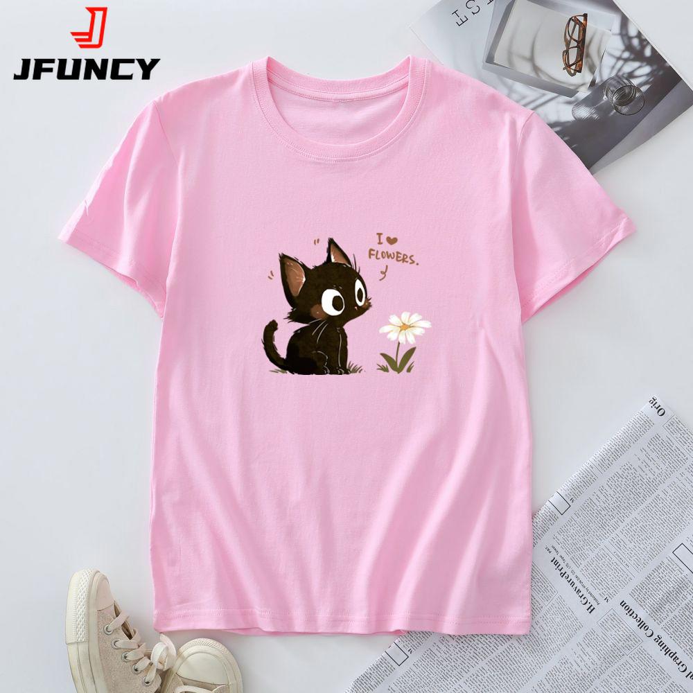 Women's Cotton T-shirt Fashion Kawaii Harajuku Cat Graphic T Shirts Summer Short Sleeve Female Tee Tops Woman Tshirt Clothing
