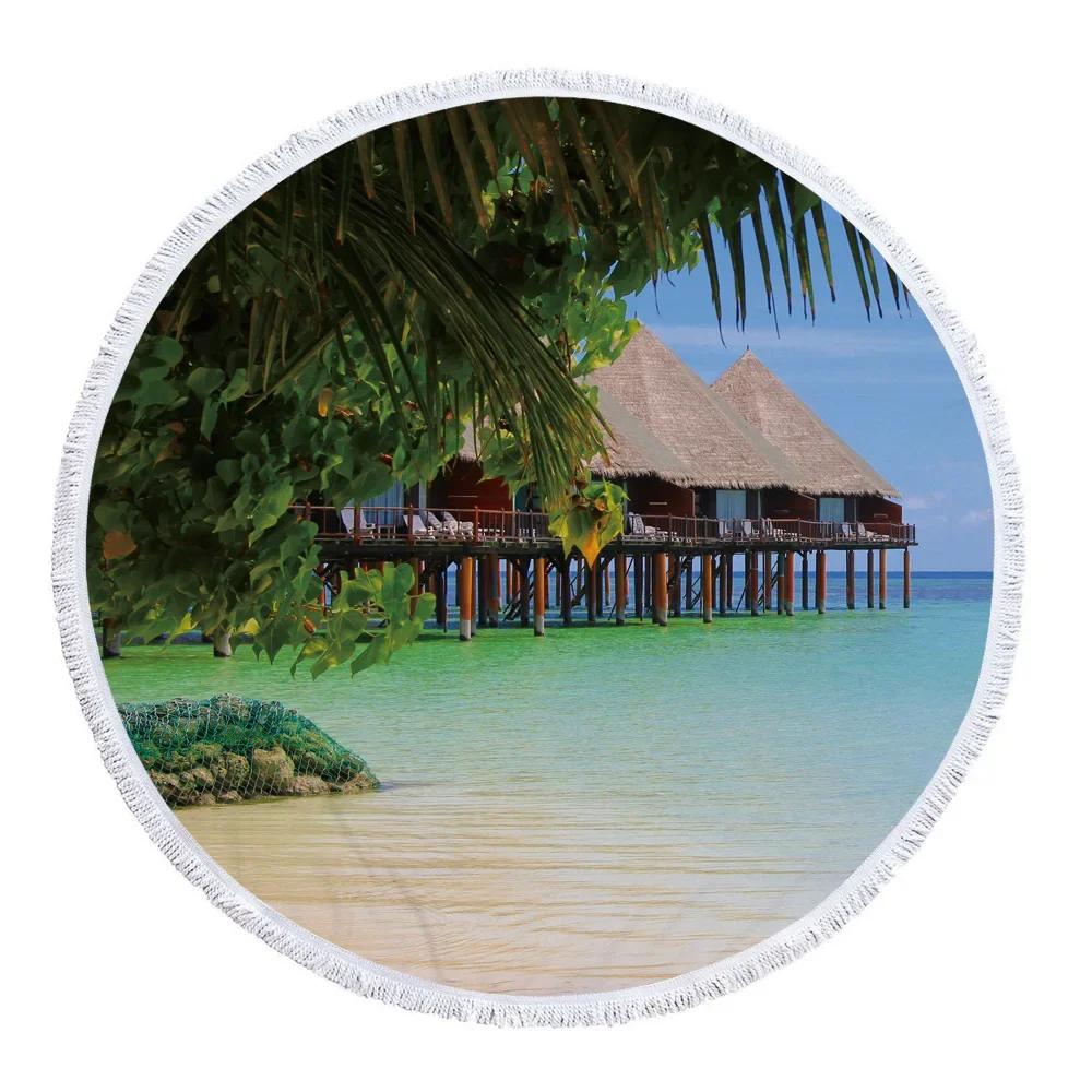 Summer Microfiber Beach Towel Palm Tree Sea Landscape Mat Toallas Hawaii Round Beach Bed Sheet Swimming Yoga Travel Bath Towels