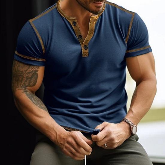 Men T-shirt Color Matching Slim Fit Button V Neck Elastic Soft Casual Pullover Short Sleeves
