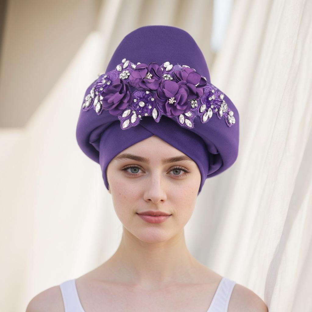 Ready To Ship 2025 Latest Ladies Flower Embroidery African Hats Fashion Ethnic Style Stretch Turban Headbands for Women