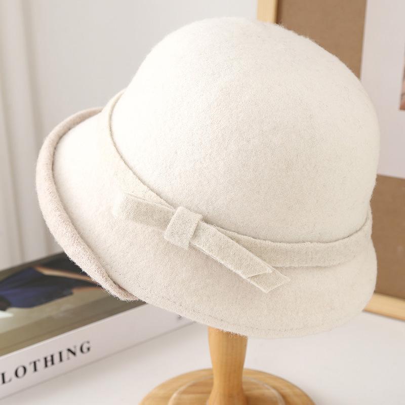 Autumn and Winter New Simple Bow Wool Woolen Basin Hat Retro Versatile Bucket Hat Warm and Windproof Personality Shows Small Face