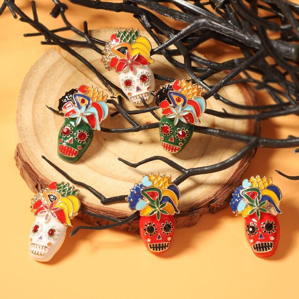 Flower Dripping Oil Skull Earrings Rhinestone Enamel Skeleton Stud Earrings Vintage Earring  Autumn