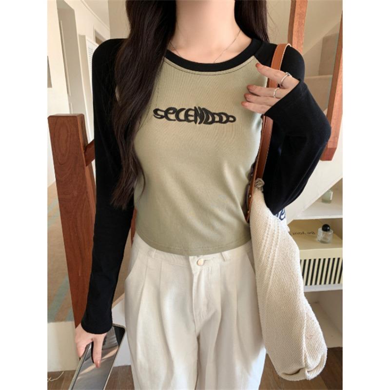 Real shot splicing contrasting color shoulder plugs long-sleeved T-shirt women's season slim and thin short embroidered top