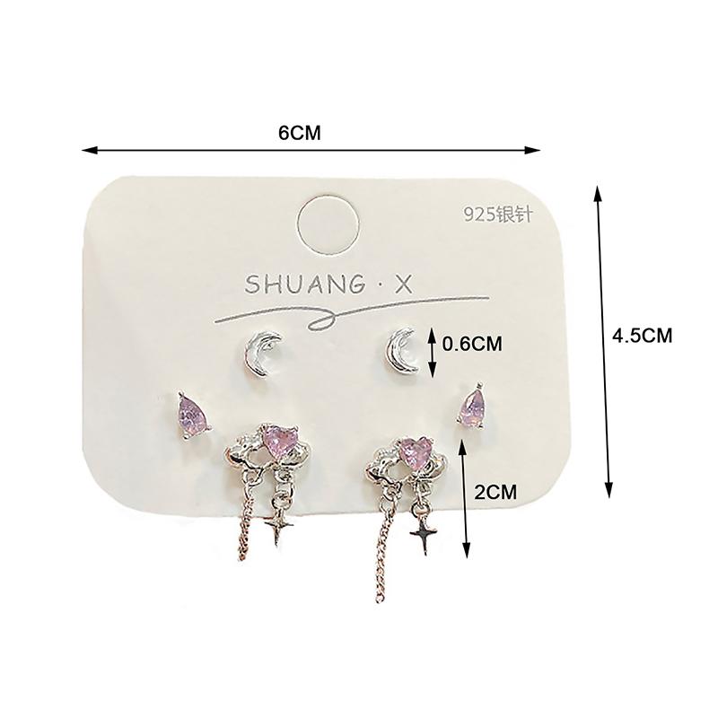 6Pcs/Set Pink Zircon Heart Cloud Stud Earrings For Women Punk Sweet Cool Moon Earring Aesthetic Jewelry Gifts