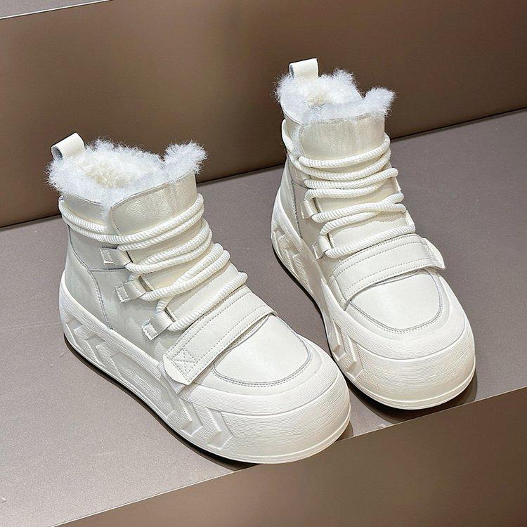 Leather snow boots women's new winter velvet thickened warm cotton shoes thick-soled white shoes white short boots
