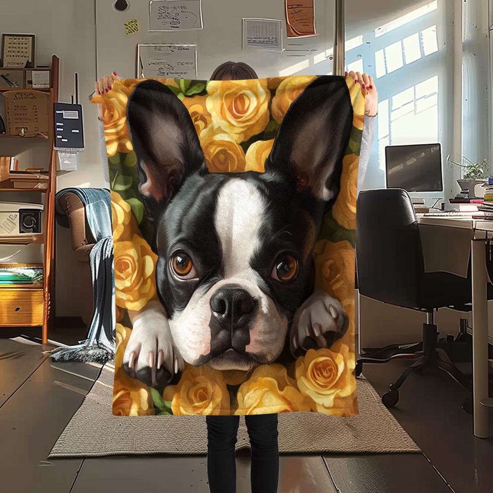 Boston Terrier and Roses Pattern Flannel Blanket, High Quality Comfortable for All Seasons, Home Decor, Warmth and Comfort, Perfect for Gifts.