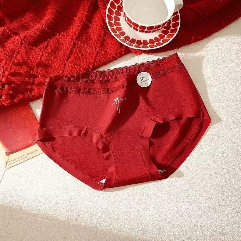 Female Spring and Autumn Year Marriage Red Skin Friendly 10A Antibacterial Extension Crotch Non Trace Stretch Briefs